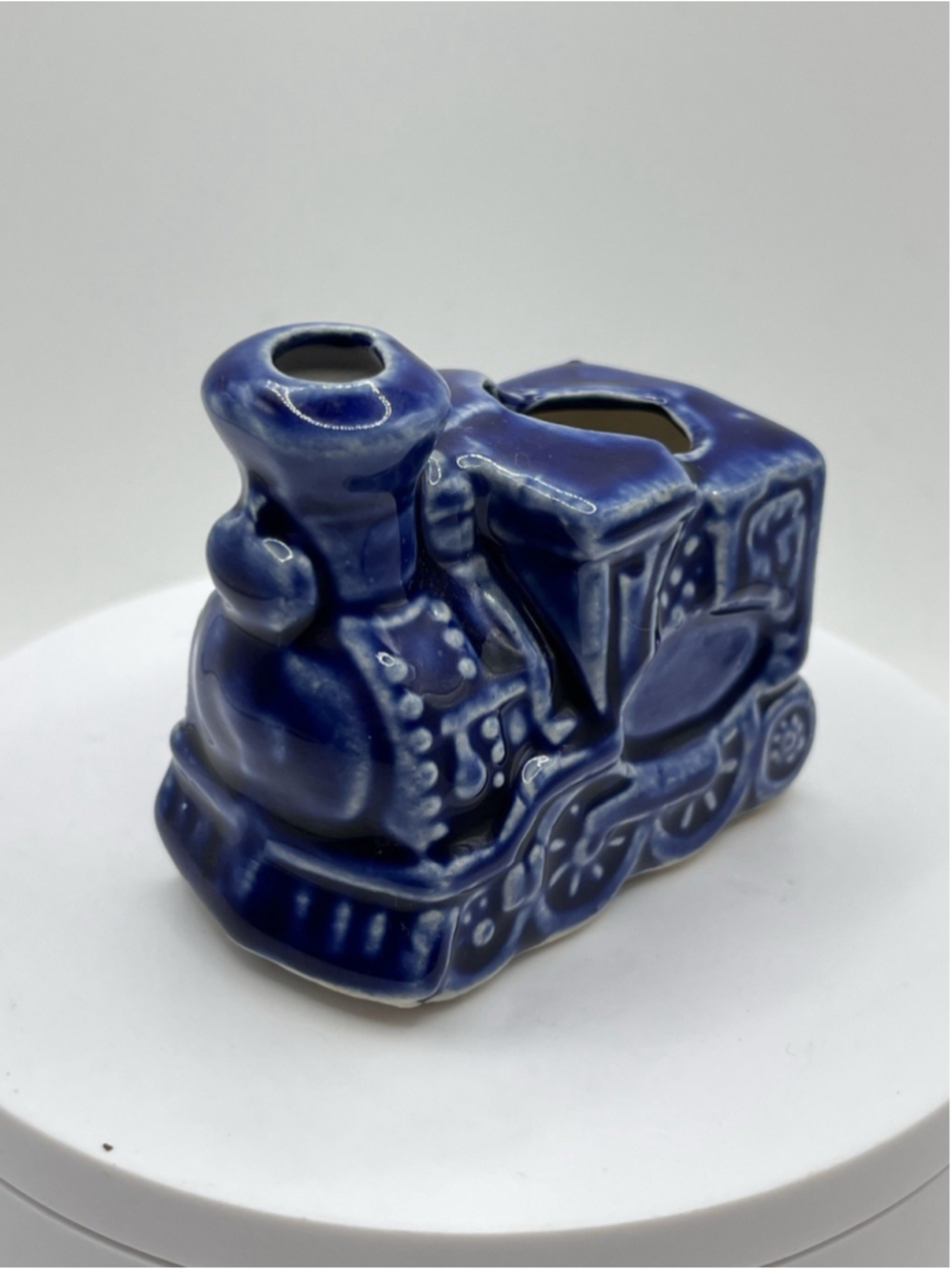 Vtg TRAIN ENGINE Porcelain Toothpick Holder/Cobalt Blue Locomotive SEE ALL